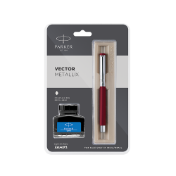Parker Vector Metallix Fountain Pen (F) Red with Quink Ink Bottle
